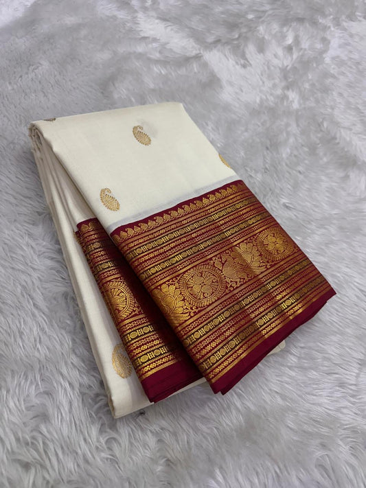 Ivory and Deep Maroon Handwoven Pure Silk KanchiPattu Saree with Kai Korvai Maanga Butta and Varisaipet Border