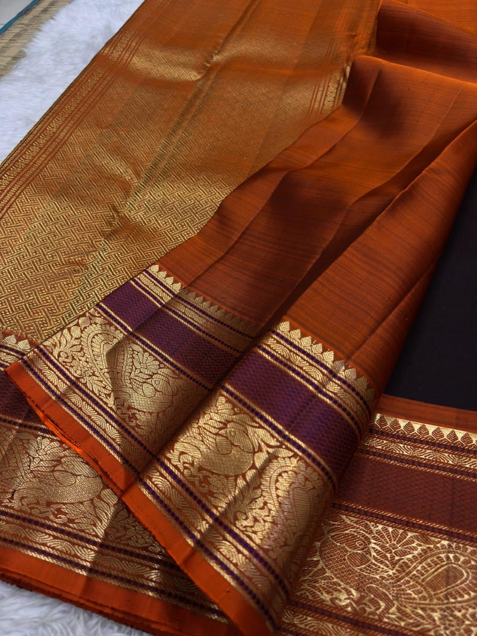 Burgundy Deep Coffee Brown and Orange Handwoven Pure Silk Kanjivaram Saree with Kamalam Butta and Silk Thread Zari Border