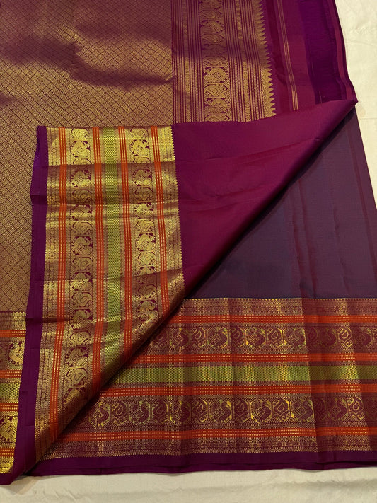 Rich gold zari pallu on magenta double shade handwoven Kanchipuram pure silk saree — Idam Living