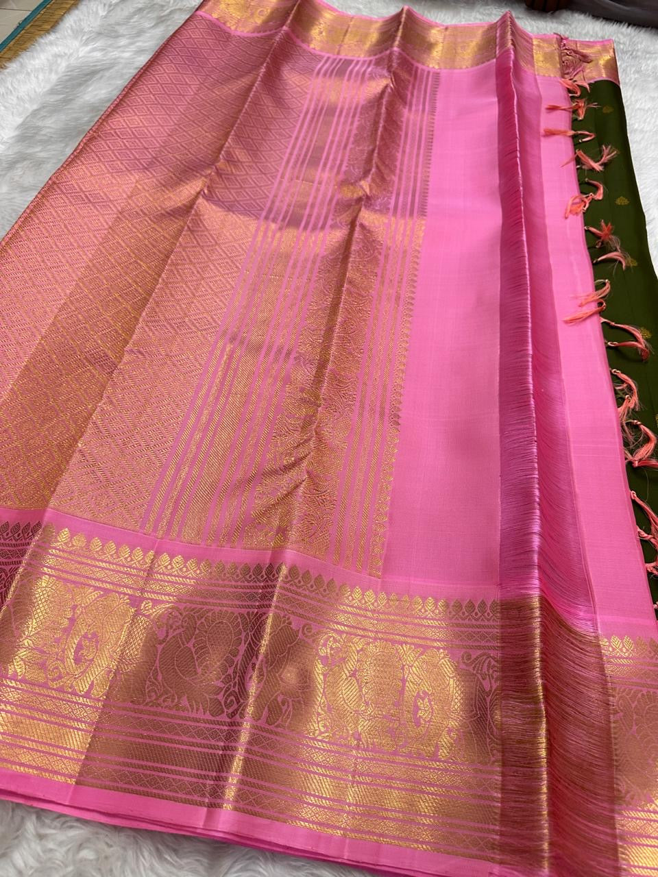 Forest Green Rose Pink Kanchipuram Silk Saree with Vanasringaram Border