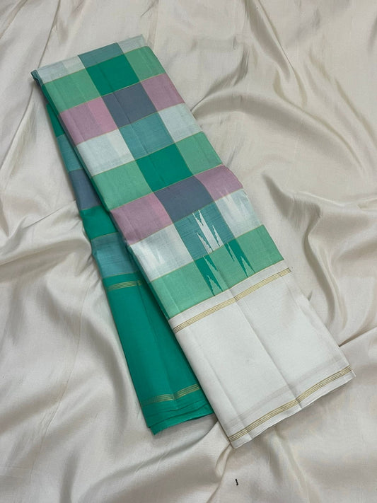 Paalum Pazhamum Kanjivaram silk saree body close-up showing vibrant emerald teal mint pink mauve multicolour check weave