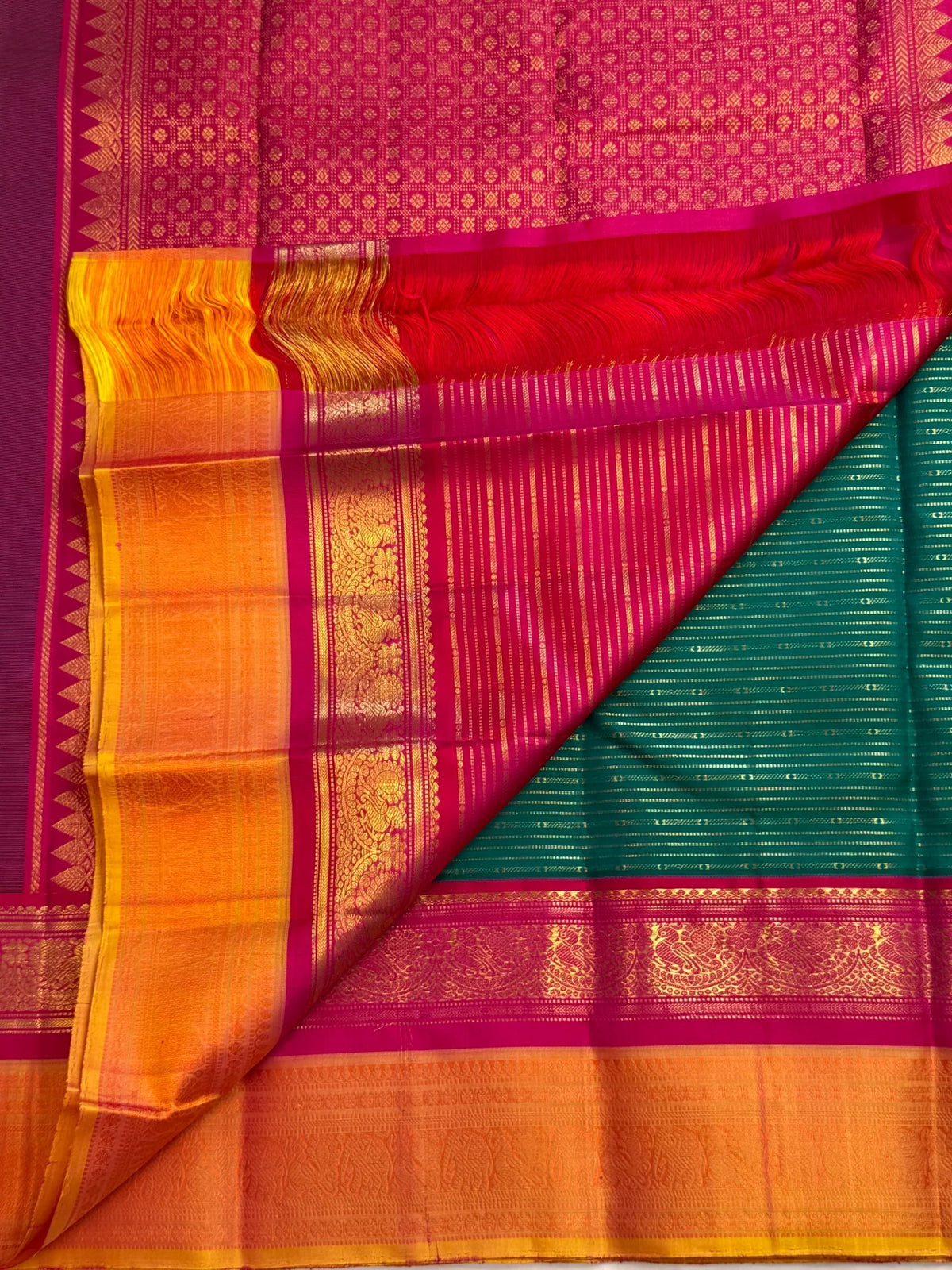 Peacock teal Korvai pure silk Kanchipuram saree with thick Veldhari body, double Korvai border and sunset-orange grid pallu, Idam Living (photo 5 of 5)