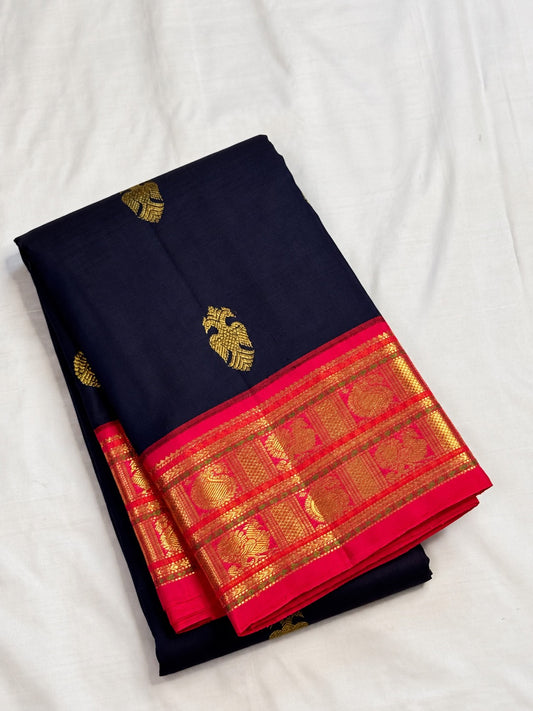 Midnight navy pure silk Kanchipuram saree with Gandaberunda buttas and double peacock-paisley border in rani pink, Idam Living (photo 2 of 6)