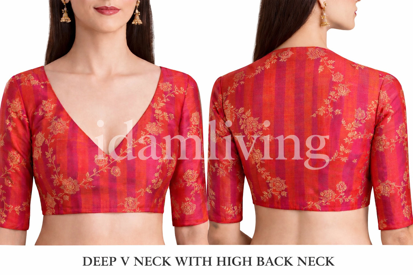 Traditional Indian silk blouse in pink and orange with intricate gold zari floral motifs and elbow sleeves