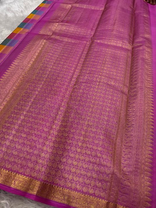 Multicolor check Kanchipuram silk saree border detail with traditional gold zari