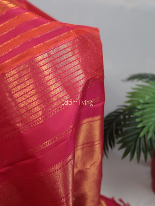 Close view of Pure Kanchipuram silk saree featuring Ettukol weave with antique gold zari lines across the silk body highlighting the dense texture and heritage loom technique
