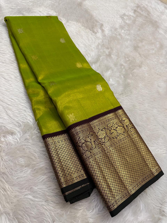 Kanjivaram silk saree green silk body detail with soft sheen