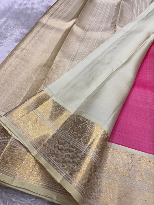 lotus pink Kanchipuram silk saree with kv-myb weave folded view