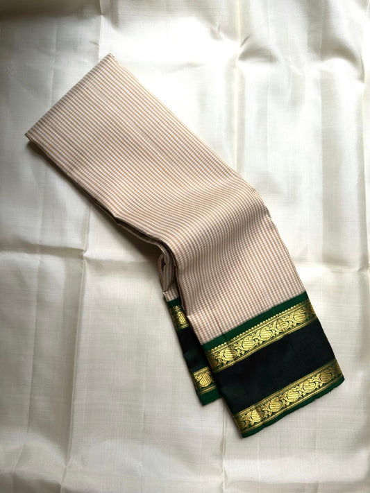 Kancheepuram silk saree beige check pattern with green border detail