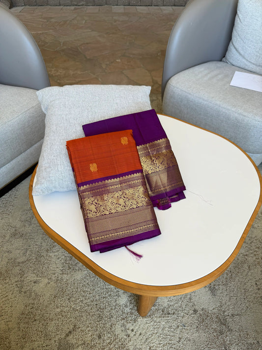 3G Pure Zari Rust Orange and Radiant Purple Vanasringaram Pure Kanchipuram Silk Saree