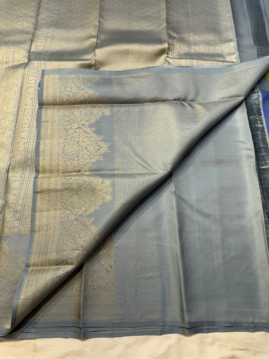 slate blue silk saree vs draped view