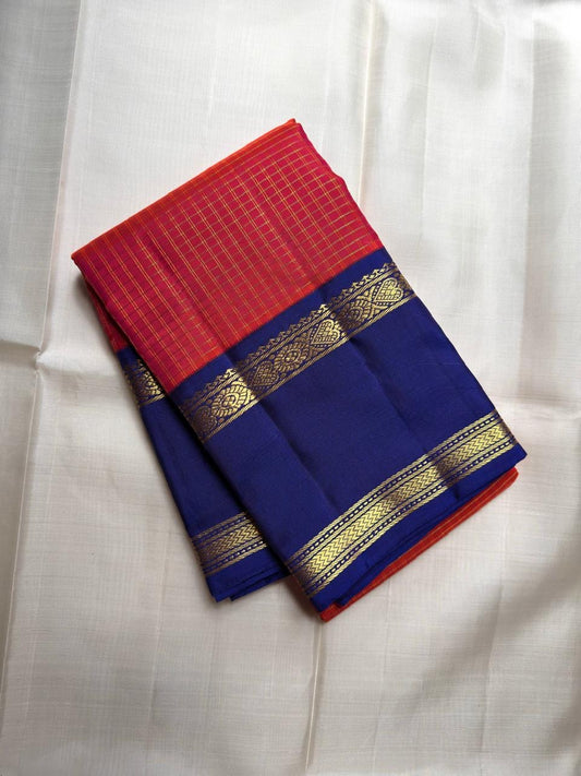 Kancheepuram silk saree red check pattern with blue border detail