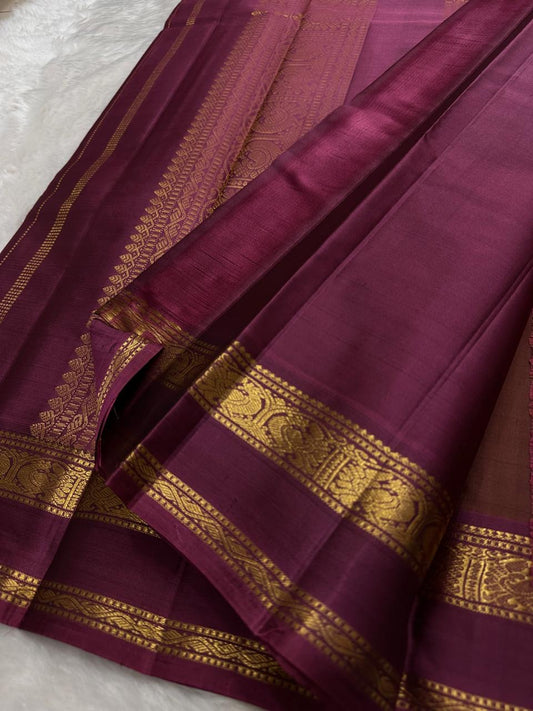 Cocoa Rose Brown and Mulberry Handwoven Lightweight Pure Silk KanchiPattu Saree: view 2
