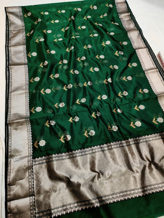 Emerald Green Silver Floral Pattu Silk Chanderi saree, draped view
