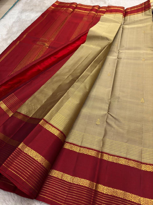 Champagne Gold and Rust Orange Handwoven Pure Silk Kanjivaram Saree with Korvai Border