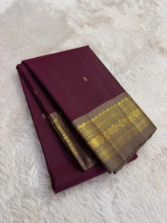 Deep Plum and Antique Gold Handwoven Pure Silk Kanjivaram Saree with Varisaipet Border