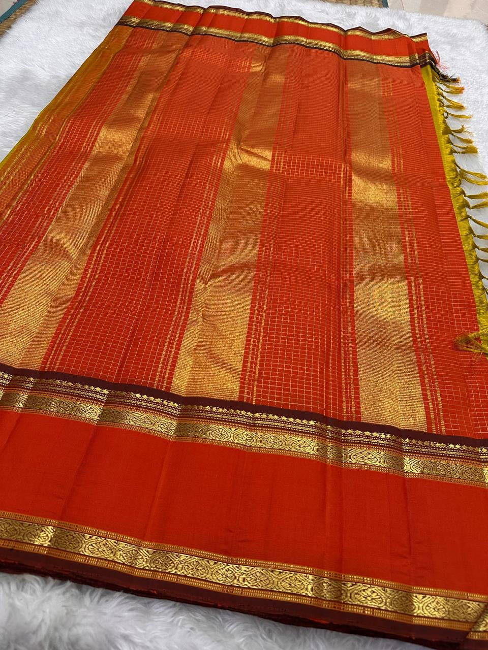 Mango Mustard and Sindhu Orange Handwoven Pure Silk Kanjivaram Saree with Zari Kattam Border