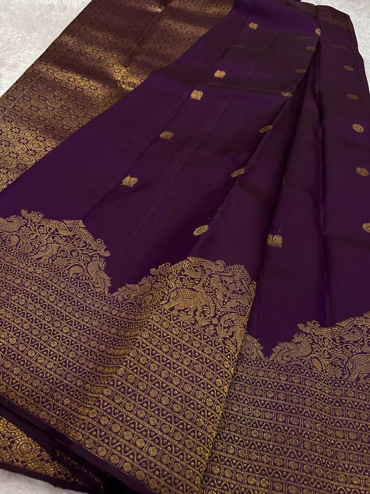 kanchipuram silk saree total violet with gold border draped view