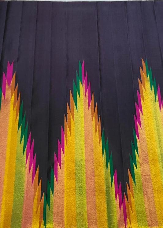 Ink Black Kanchipuram Silk Saree with Ettukol Border and Multicolor Temple Design