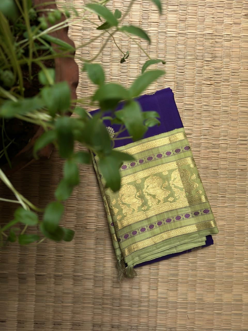 Oodha Violet & Manthulir Green handwoven Kanchipuram silk saree by Idam Living