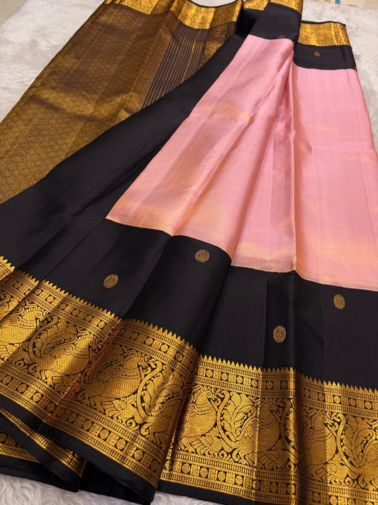 Kancheepuram silk saree in kanchana purple with deep brown border and traditional gold zari weave
