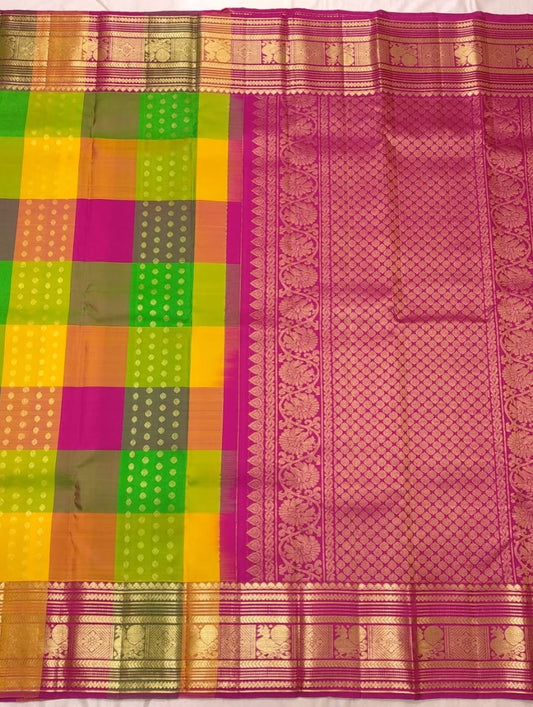 Korvai Kanjivaram silk saree with Pavun butta and gold zari on multicolour Paalum Pazhamum body