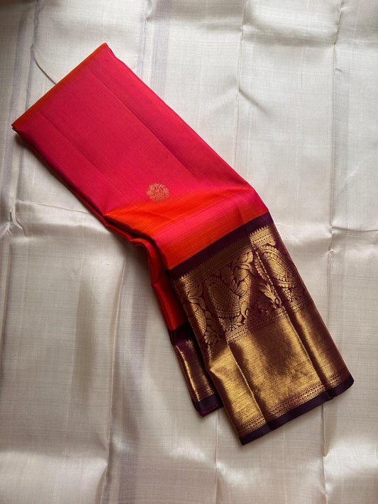 Kanchipattu silk saree in double shade tomato red with hot pink plum purple border border Korvai weave traditional zari detail