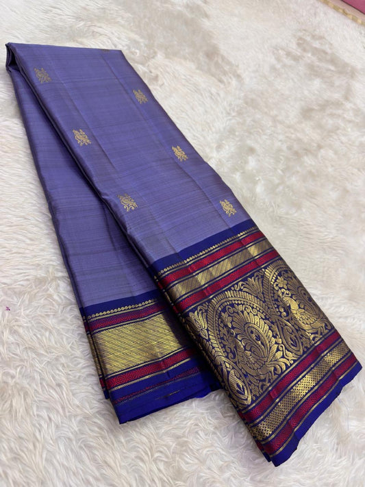 Lavender and Royal Blue Handwoven Pure Silk Kanchipuram Saree with Sorgavaasal Mayil Border