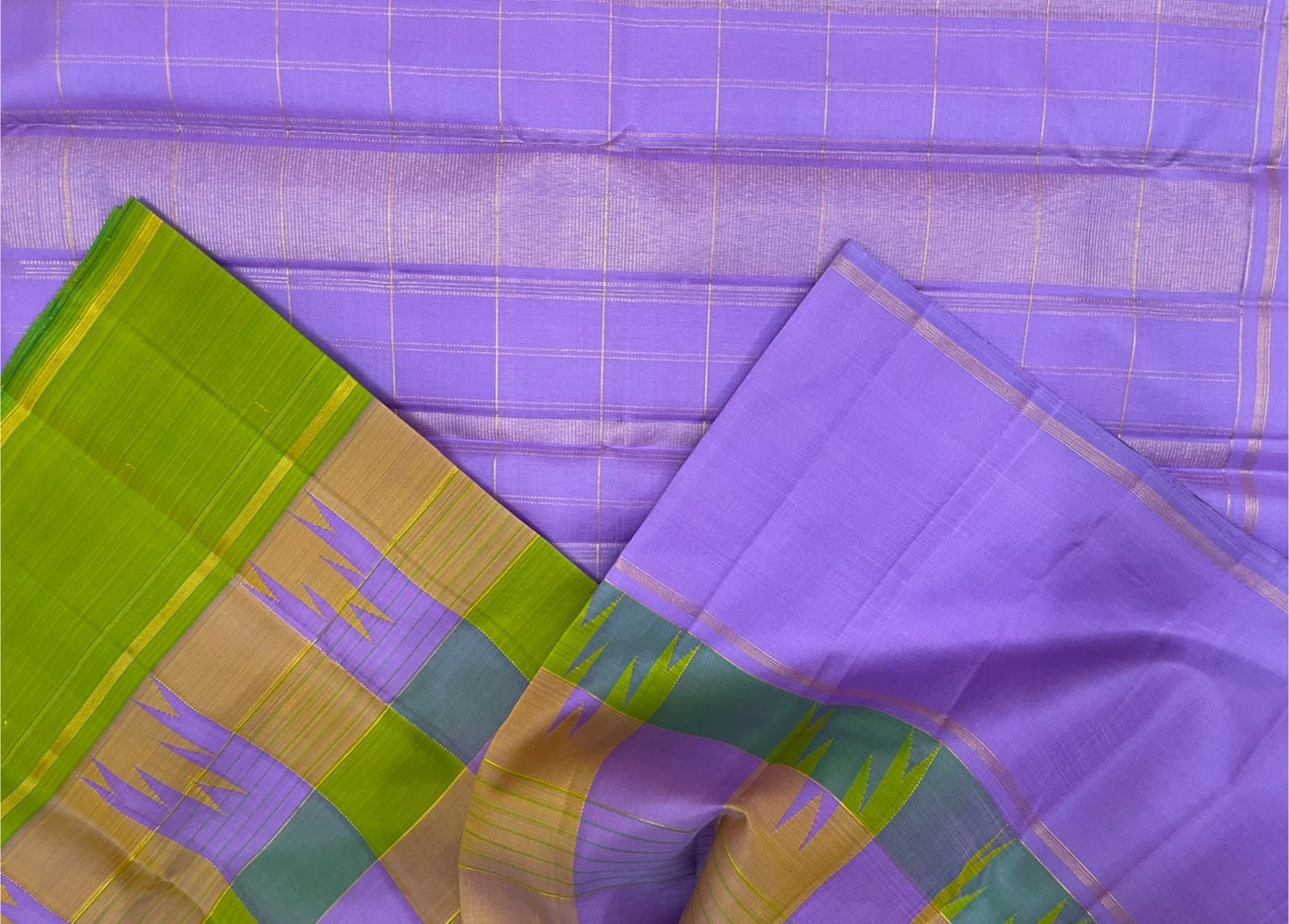 Lavender and Olive Green Handwoven Pure Silk Kanjeevaram Saree with Paalum Pazhamum Checks and Thazampoo Reku Border