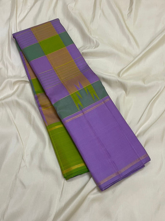 Lavender and Olive Green Handwoven Pure Silk Kanjeevaram Saree with Paalum Pazhamum Checks and Thazampoo Reku Border