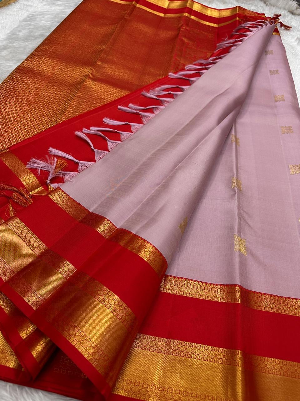 Ash Lilac Pure Silk Kanchipuram saree with petite gold zari buttas