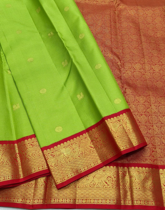 Lime Green and Red Handwoven Pure Silk Kancheepuram Saree with Floral Butta and Vairaoosi Weave