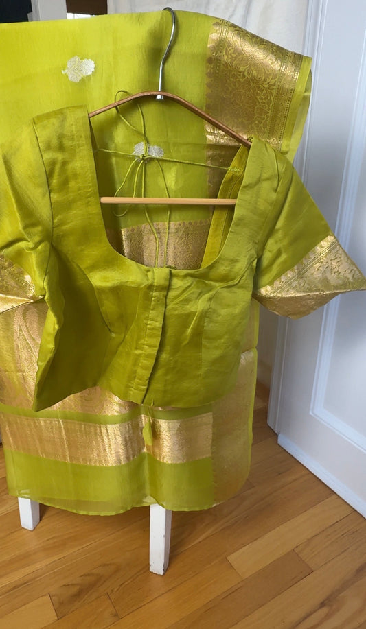 Chartreuse yellow-green pure Ektara Kora Banarasi silk saree with authentic kadhua sona-roopa bootas and grand floral zari border