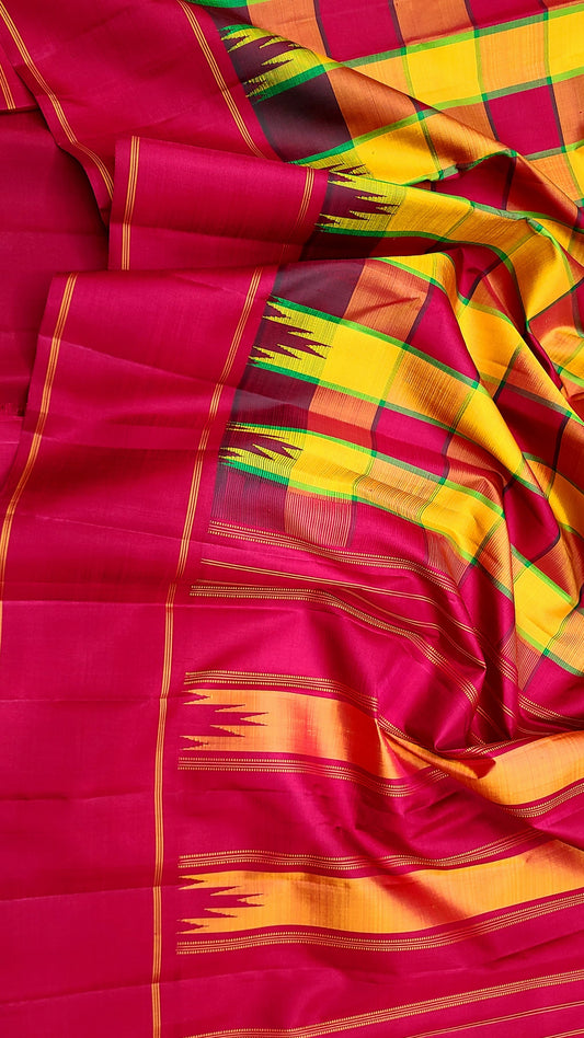Checked Kanjivaram silk saree in ruby pink and marigold gold with heritage temple-inspired border design