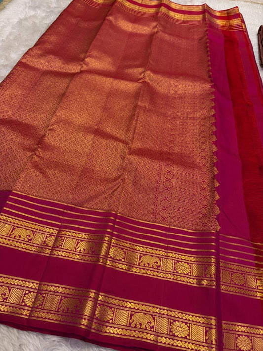 Magenta and Gold Handwoven Pure Silk Kanjeevaram Saree with Zari Kattam Body and Kamalam Butta Rettapet Border