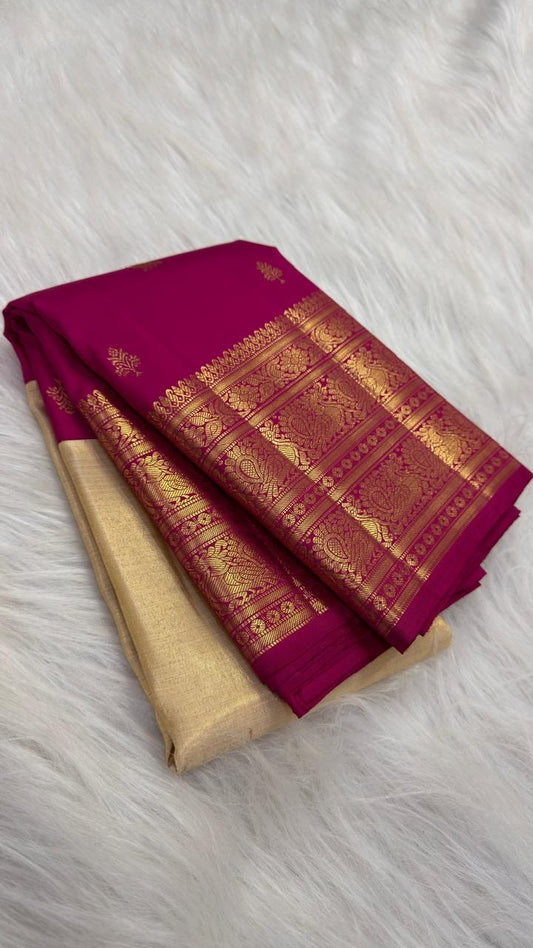 Raspberry Pink and Jasmine Ivory Handwoven Pure Silk Kanjeevaram Saree with Gold Korvai Peacock Border