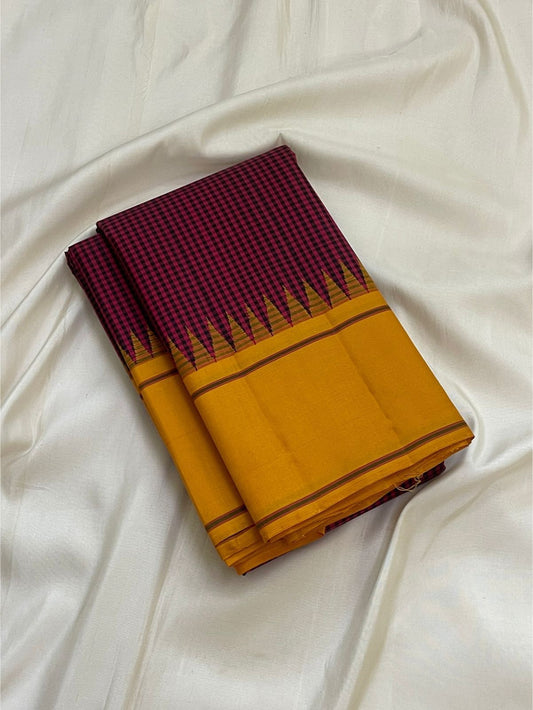 Magenta and Mustard Yellow Handwoven Pure Silk Kanchipuram Saree with Kanchi Kattam Check Body