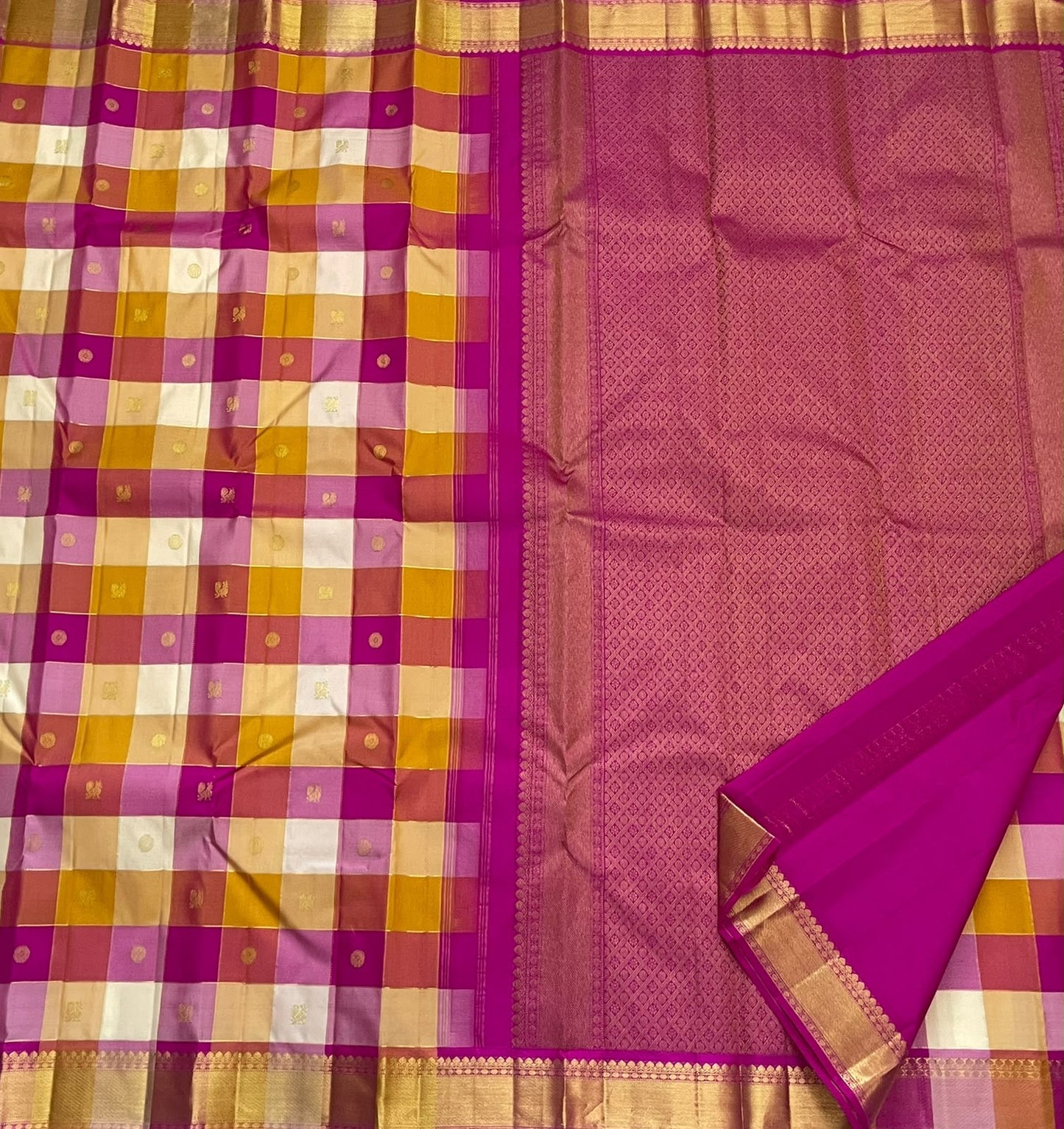 Magenta pure silk Kanchipuram saree with multicolour Paalum Pazhamum check pallu — Idam Living