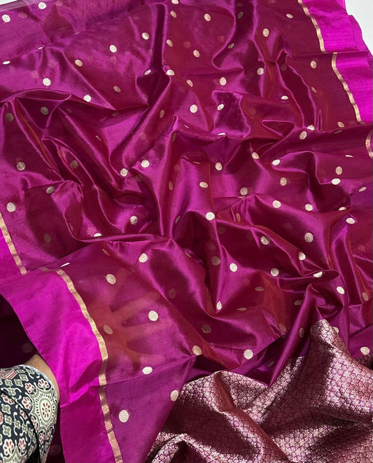 Magenta Handwoven Pattu Silk Chanderi Saree with Gold Butti and Brocaded Pallu