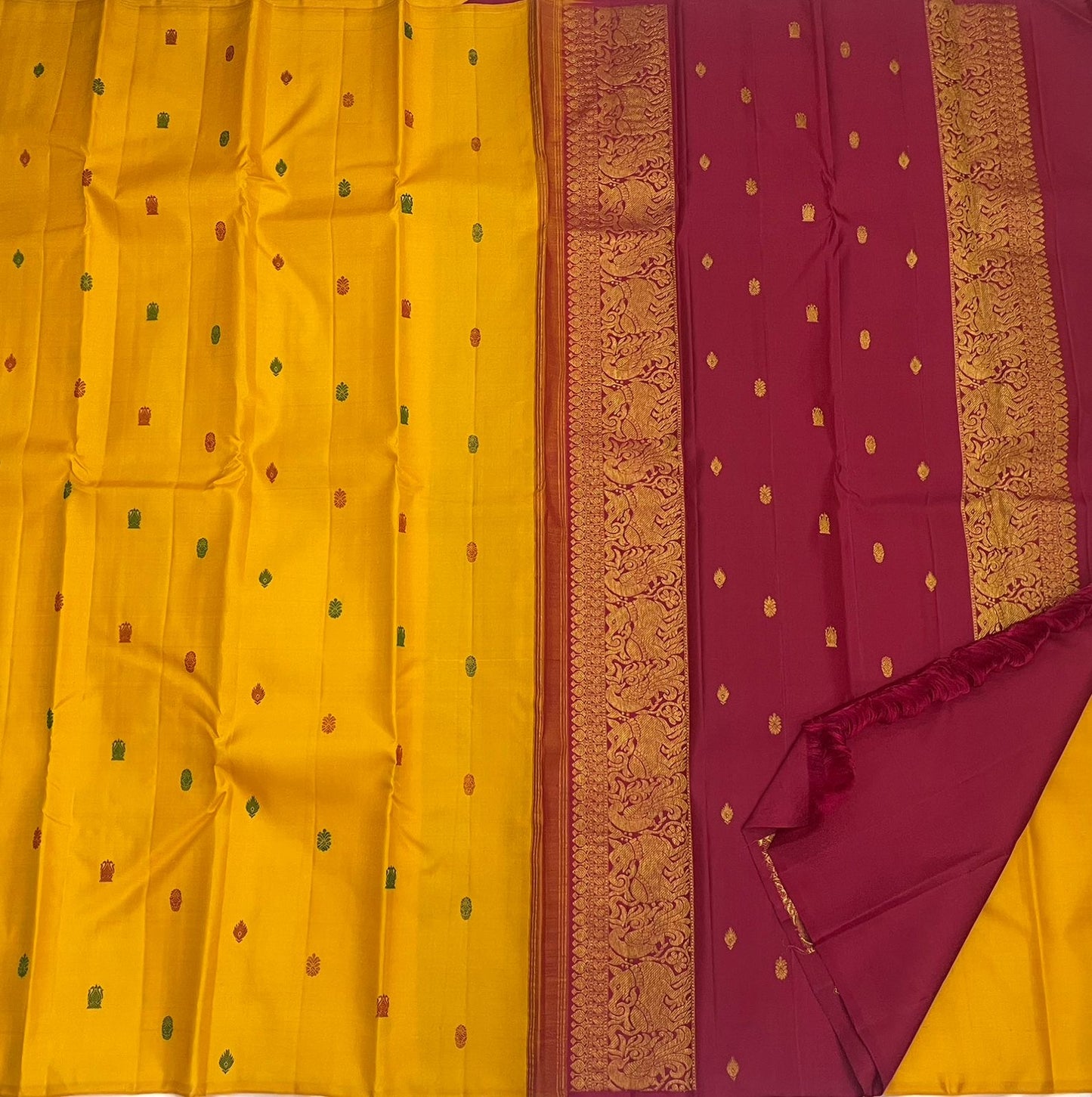 Marigold Handwoven Pure Silk Kanchipuram Saree with Multicolour Silk Thread Butta
