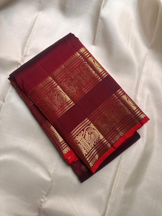 Maroon brown Kanjivaram pure silk saree with double zari border