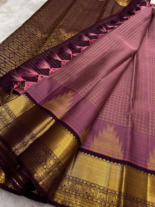 Gold Zari Kattam check weave on mauve Kanchipuram pure silk saree — Idam Living