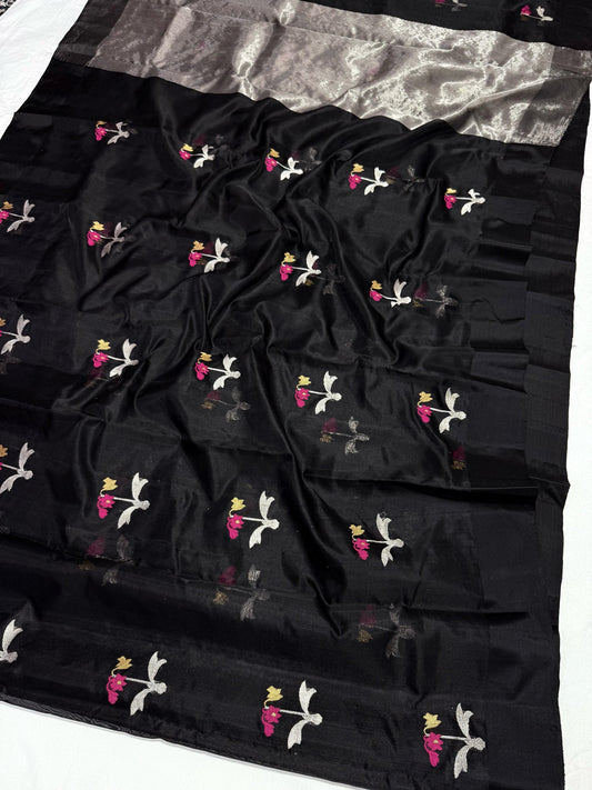Midnight-black Chanderi Pattu Silk with petite floral details