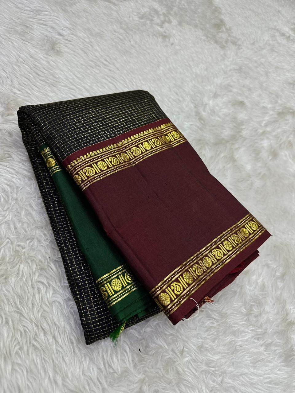 Midnight Black Handwoven Pure Silk KanchiPattu Saree with Ganga Jamuna Zari Kattam Rettapet Border