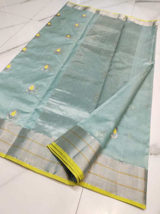 Blue Chanderi saree draped styling showcasing soft tone and lightweight silk texture