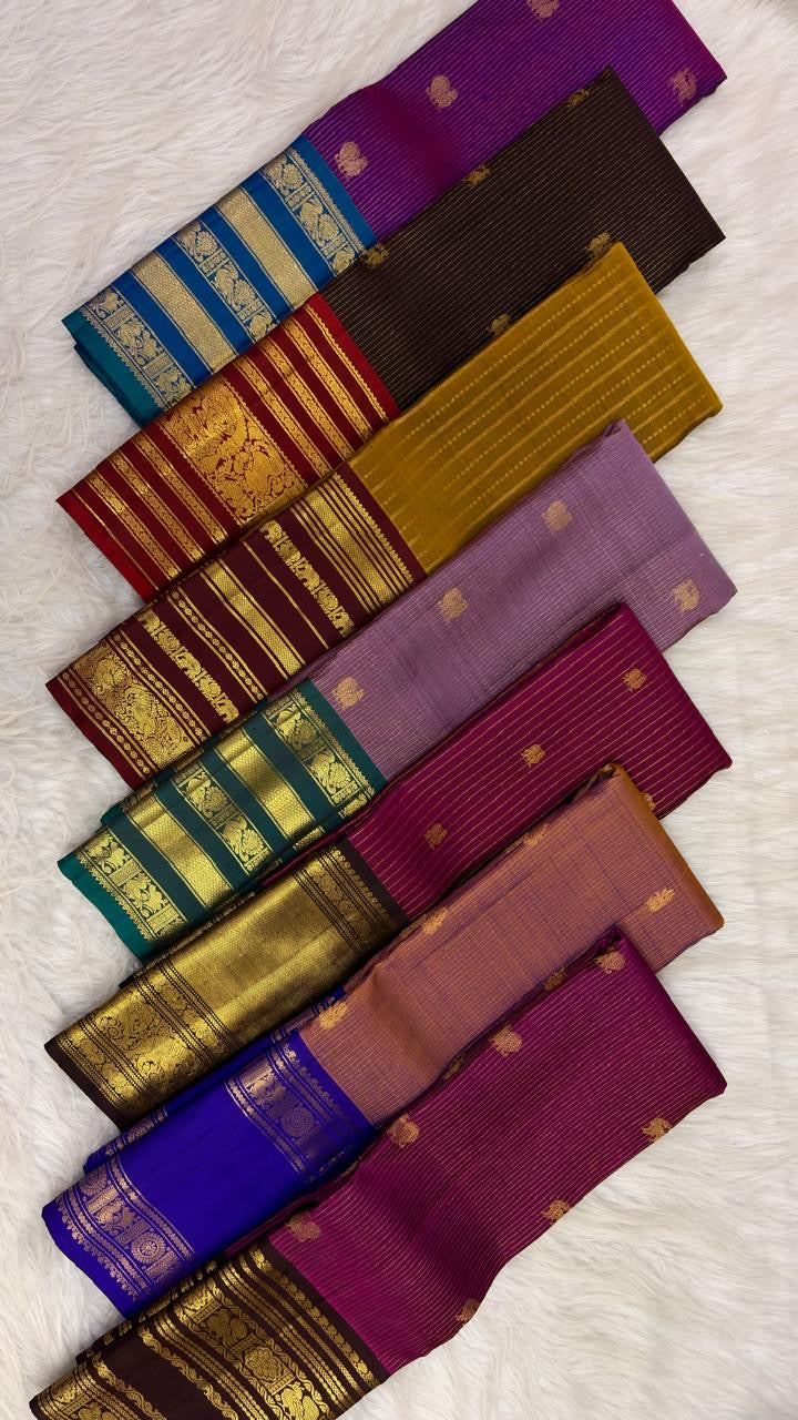 Idam Living Varisaipet Kanchipuram pure silk sarees with zari buttas in fresh leaf green, olive green, kaapi brown, raspberry red and deep kaapi brown