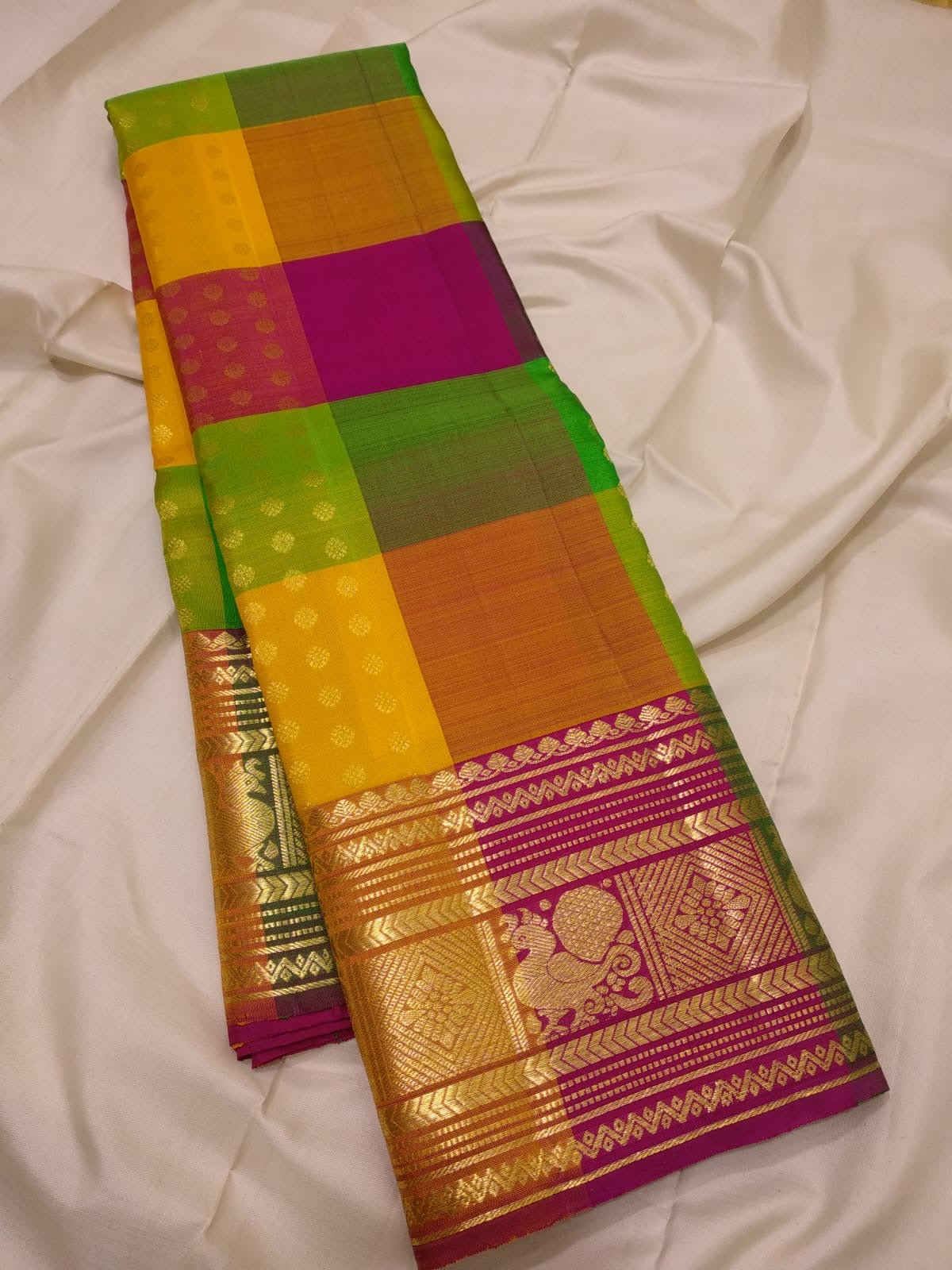 Multicolour and Magenta Paalum Pazhamum Korvai Kanchipuram Silk Saree with Pavun Butta