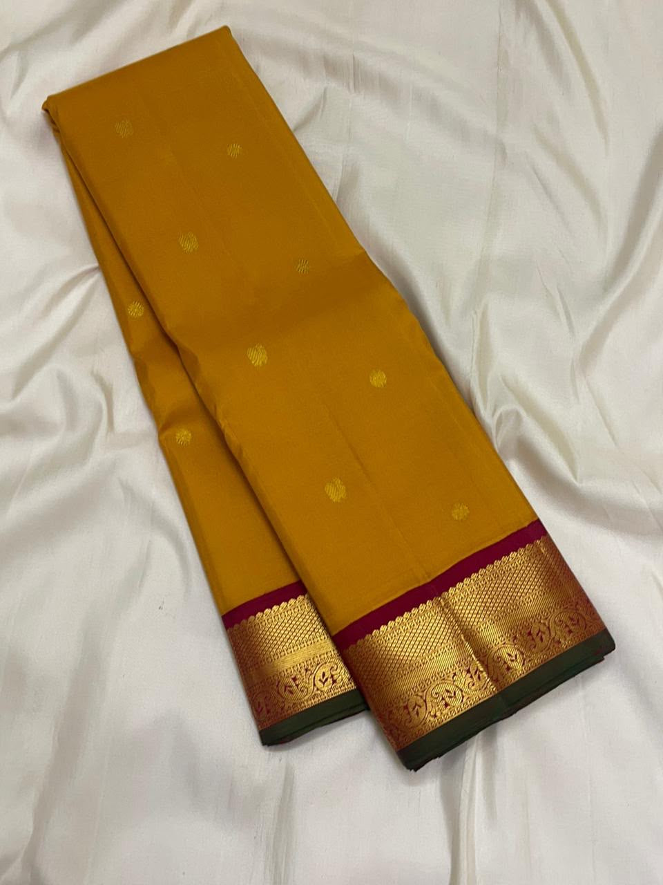 Mustard Gold Handwoven Pure Silk Kanchipuram Saree with Maroon Korvai Border