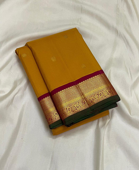 Mustard Gold Handwoven Pure Silk Kanchipuram Saree with Maroon Korvai Border