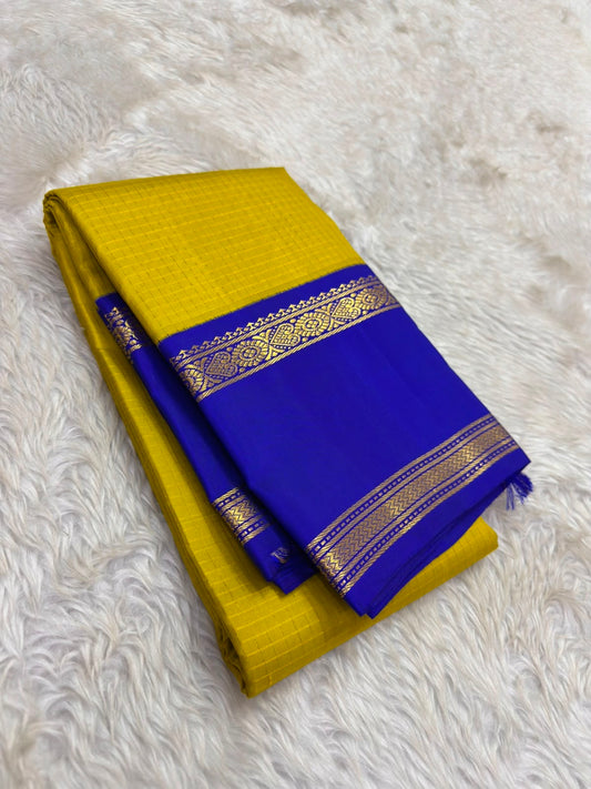 Mustard royal blue Kanchipuram silk saree with zari kattam and korvai rettapet border — Idam Living